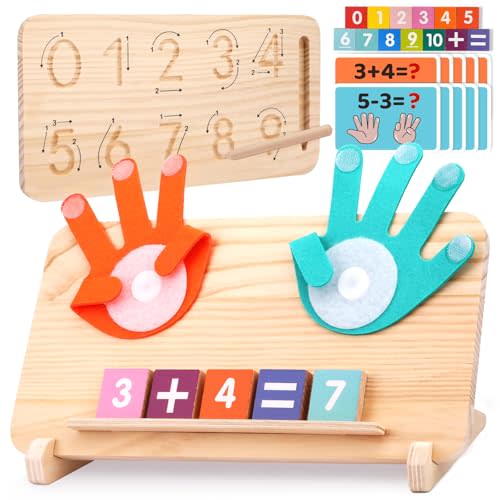 Montessori Learning Toys for Toddlers 2-4, Double-Sided Finger Counting & Number Tracing Board, Colorful Number Blocks, Solid Pine Wood Educational Math Toy for Kids Boys Girls Ages 1 3 5 Year Old