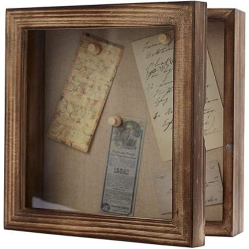Freezing point Shadow Box Frame 8x8 Shadow Boxes Display Case with Linen Back Memorabilia Awards Medals Bouquet Photos Picture Badge Wedding Memory Box for Keepsakes Carbonized Small Pin Board