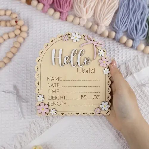 Baby Announcement Sign with Stand & Marker – Hello World Wooden Name Plaque for Newborn Photoshoot, Baby Shower, Rustic Keepsake Birth Stat Sign for Hospital Birth Announcement (Daisy)