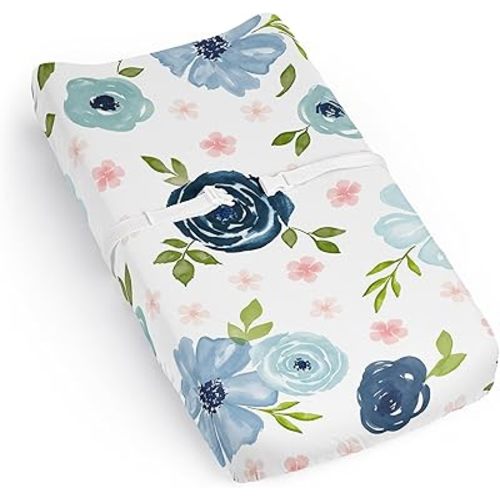 Sweet Jojo Designs Baby Changing Pad Cover Sheet (Navy Blue Boho Floral) for Girls, Infant/Newborn Diaper Change Table Mat Covers (Bohemian, Shabby Chic, Watercolor, Flower, Farmhouse, Sage Green)