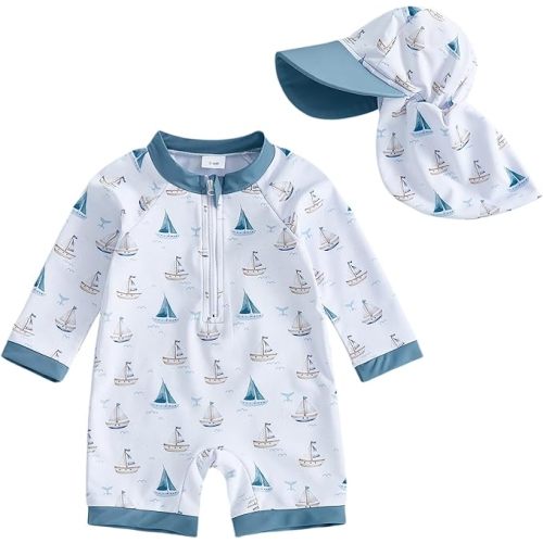 KMBANGI Toddler Baby Boy Sailboat Swimsuit Kids Rash Guard Long Sleeve One Piece Bathing Suit Duck Hunting Swimwear with Hat