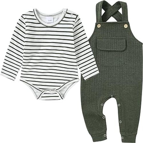 CARETOO Newborn Baby Boy Clothes Infant Boy Romper Fall Winter Outfits Bodysuit 2Pcs Striped Long Sleeve Top Overalls 0-18M