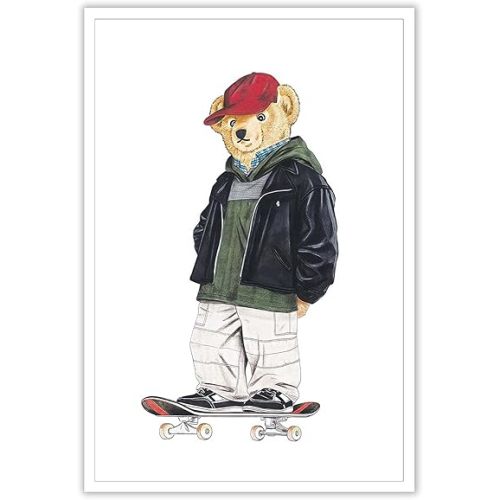 Trendy Teddy Bear Sports Canvas Wall Art Funny Skateboard Bear With Red Hat Poster Funky Abstract Animal Magazine Picture Prints Painting For Home Bedroom Dorm Wall Decor 8x12in Unframed