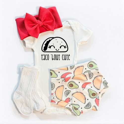 Taco Baby Outfit: Bodysuit, Bummies, Bow & Socks