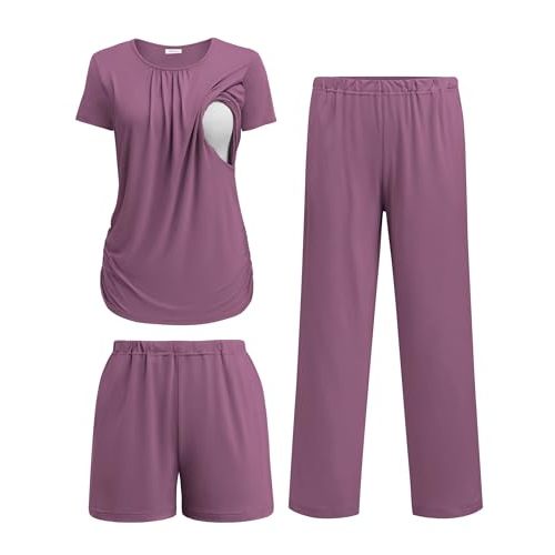 Ekouaer Maternity Pajamas Postpartum Lounge Sets for Women Nursing Pjs Breastfeeding Clothes Pregnancy Shorts & Pants Purple Red M