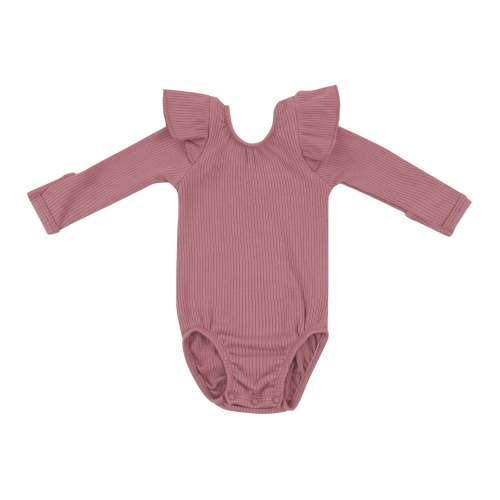 Ribbed Long Sleeve Ruffle Leotard in Dusty Rose