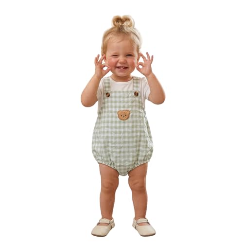Newborn Baby Boy Girl Summer Clothes Bear Embroidery Plaid Sleeveless Bubble Romper Bodysuit Overall Shorts Outfit