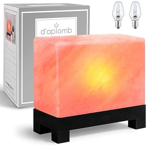 d'aplomb 100% Authentic Natural Himalayan Salt Lamp;Hand-Carved Modern Rectangle Rare Pink Crystal Rock Salt from The Himalayan Mountain; Footed Wood Base, Dimmer Cord; 11.5 lbs
