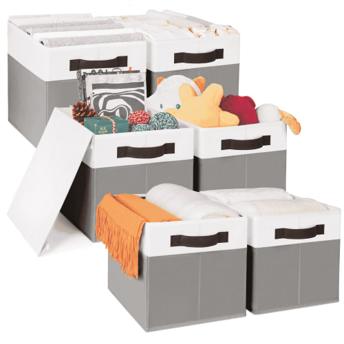 Criusia 6-Pack Fold-Flat storage baskets for shelves with Lids and Handles — Stackable Home Organizers for Bedroom, Closet and Playroom Essentials, 14 x 10x 9.5, Gray