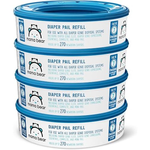 Amazon Brand-Mama Bear Round Diaper Pail Refills for Diaper Genie Pails, Odor Control, Unscented, 1080 Count (4 Packs of 270 Count), Compatible with Diaper Genie Complete, Elite and Expressions Pails