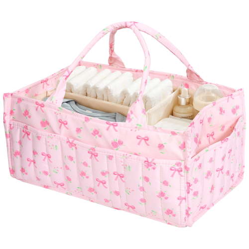 Baby Diaper Caddy Organizer Quilted Floral Print Portable Nursery Storage Basket With 38 x 22 x 18 Cm Dimensions For Diaper Wipe Cream And Baby Essential At Home Or On The Go
