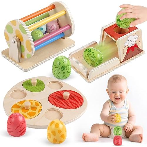 Montessori Toys for 6 Month Old, Wooden Baby Toys for 6 7 8 9 Month Old Dinosaur Egg Ball Drop Toy Wooden Puzzles Spinning Drum Baby Ball Toy for Infant Toddlers 1 2 3 Christmas Birthday Gift