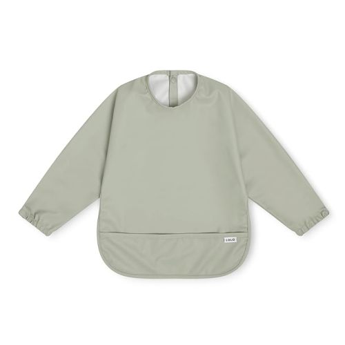 Lalo Long Sleeve Baby Bib, Waterproof, Elastic Cuffs, Large Catch-All Pocket, Recycled Polyester, Ages 6-24 Mo., Sage