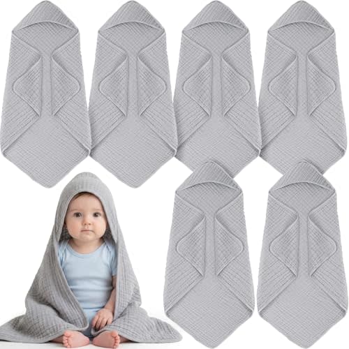 Breling 6 Pcs Muslin Hooded Baby Towels, 32 x 32 Inch 100% Muslin Cotton Newborn Bath Towel Absorbent Blankets Bath Essentials Registry Gift for Newborn, Infant Baby, Toddlers (Light Gray)