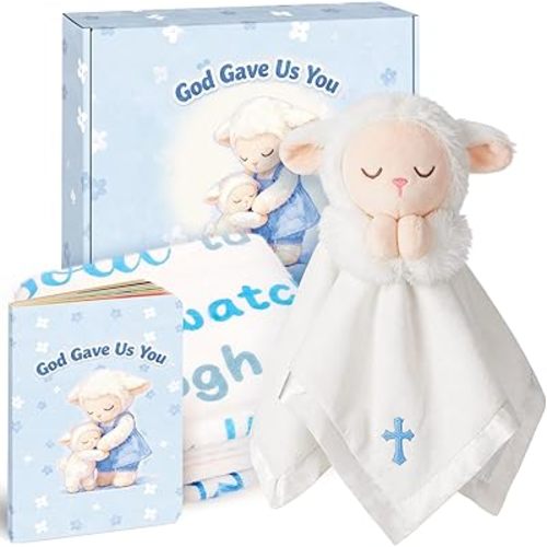 Baptism Gifts for Boys and Girls, Loveys for Babies Lamb Security Blanket, Plush Lamb Lovey with Cross Embroidery, Christening Gift Set with Baby Throw Blanket & First Prayer Book