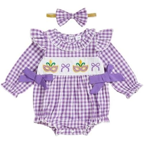 Baby Girl Mardis Gras Outfit Mask Smocked Bubble Romper Long Sleeve Ruffle Onesie Carnival Baby Spring Clothes