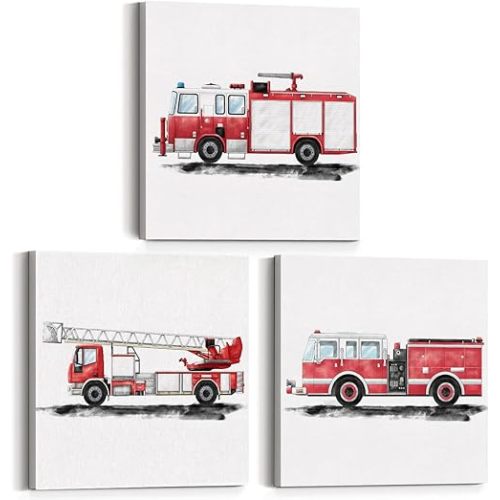 Set of 3 Fire Truck Nursery Transportation Framed Wall Art Decor Watercolor Fire Engine Firetruck Canvas Paintings Prints Posters for Home Kids Toddler Boys Bedroom, 12x12 Inch