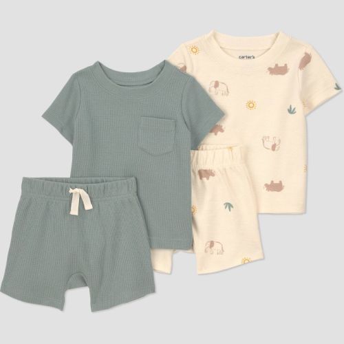 Carter's Just One You® Baby Boys' 4pc Multi Animals T-Shirt and Shorts Set - Cream/Green 12M