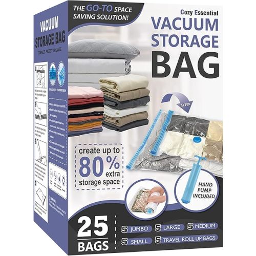 Cozy Essential Vacuum Storage Bags, Space Saver Bags，Compression for Comforters and Blankets, Pillow, Bedding, Sealer Clothes Storage，25 Combo