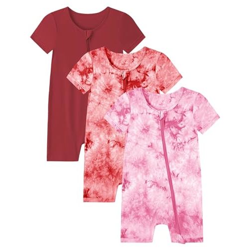 Jimonda Baby Girl Boys Rayon From Bamboo Pajamas 3 Pack Short Sleeve Footless Romper 2 Way Zipper Tie Dye Pjs Sleeper 0-24M