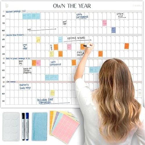 Own the Year GIANT UNDATED Wall Calendar | 4ft x 3ft Full-Year Dry Erase Planner Start Anytime, Jumbo Whiteboard Wall Calendar with Markers, Includes Stickers & Mounting Kit, Large Quarterly Layout for Home or Office