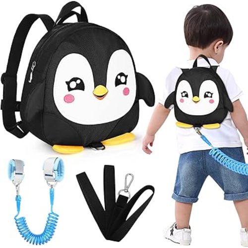 Accmor Toddler Harness Backpack Leash, Cute Penguin Kid Backpacks with Anti Lost Wrist Link, Mini Child Backpack Harness Leashes Walking Wristband Rope Travel Bag Harness Rein for Baby Girls (Black)