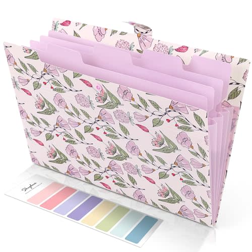 SKYDUE Accordion File Organizer, Floral Expanding File Folders with 5 Pockets, Cute Document Organizer for Paper Bills Receipt Storage, School Office & Hospital Supplies Letter/A4 Size Light Purple