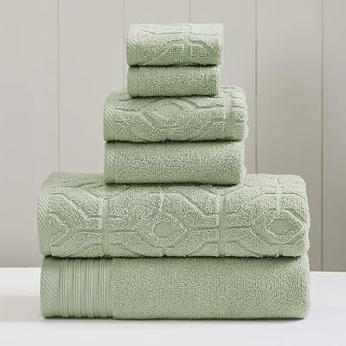 Modern Threads 6 Piece Set, 2 Bath Towels, 2 Hand Towels, 2 Washcloths Yarn Dyed Diamond Gate Jacquard Towel Set Green
