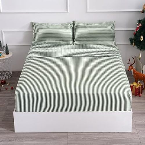 Best Season Bed Sheet Set 3 Piece -Twin Size-Soft Durable Microfiber Bedding Sheet Set,Deep Pocket,Stain,Fade & Wrinkle Resistant Green and White Pinstripe (Stripe Grass Green)