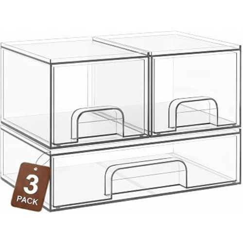 TIPGO Clear Stackable Storage Drawers, Acrylic Bathroom Makeup Organizer, Plastic Bins for Art Tool & Sketch, Durable Containers for Countertop, Cabinet, Vanity, Medicine Organization