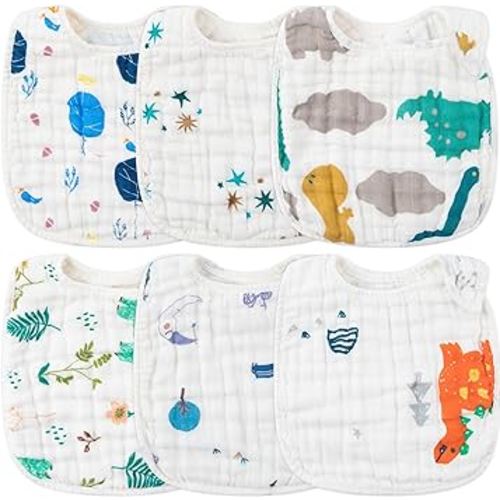 Zainpe 6Pcs Snap Muslin Cotton Baby Bibs Dinosaur Star Bear Pattern Bib, Adjustable Burp Cloths with 6 Absorbent & Soft Layers for Infants Newborns Toddlers Drooling Feeding Teething