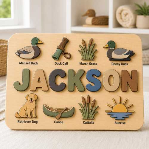 Duck Hunting Wooden Name Puzzle, Personalized Outdoor Adventure Montessori Toy, Custom Name Board, Nature Theme Kids Gift, Boy Birthday Gift