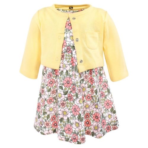 Hudson Baby Girls Cotton Dress and Cardigan Set, Pink Yellow Pretty Floral, 0-3 Months