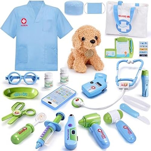 Meland Toy Doctor Kit for Kids - Pretend Play Doctor Set with Dog Toy, Carrying Bag, Stethoscope Toy & Dress Up Costume - Doctor Play Gift for Kids Toddlers Ages 3 4 5 6 Year Old for Role Play