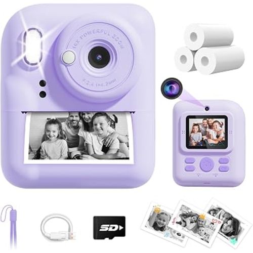 Kids Camera Instant Print, Upgrade Dual-Lens Selfie Digital Camera for Kids, Christmas Birthday Gifts Toys for Boys Girls Age 3-12, HD 1080P Toddler Portable Toy with SD Card 3 Rolls Print Paper