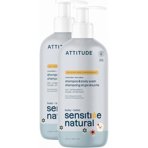 ATTITUDE 2-in-1 Shampoo and Body Wash for Baby,EWG Verified,Plant- and Mineral-Based Ingredients,Vegan-and Cruelty-Free Products for Sensitive Skin,Unscented,16 Fl Oz,(Pack of 2)