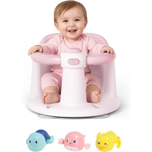 Baby Bath Seat for Babies 6 Months & Up - Bathtub Seats for Babies with 3 Baby Bath Toys, Non-Slip, Comfortable, Infant Bath Essentials-Pink
