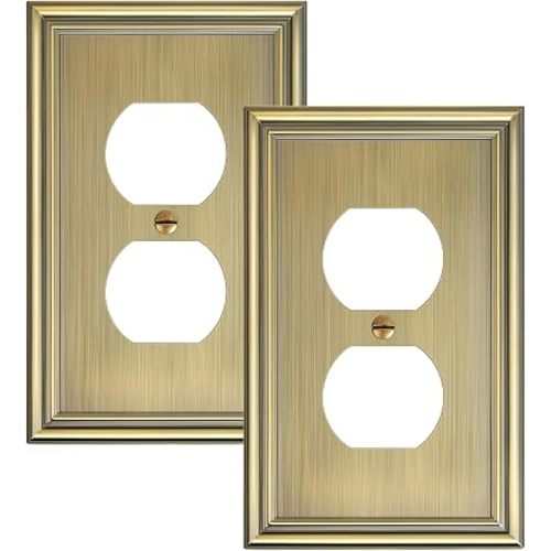 2-Pack Single Duplex Outlet Cover Plate, Decorative Antique Brass Switch Plates and Outlet Covers, Metal Wall Plates for Electrical Outlets, 1 Gang Receptacle Cover, Corrosion Resistant