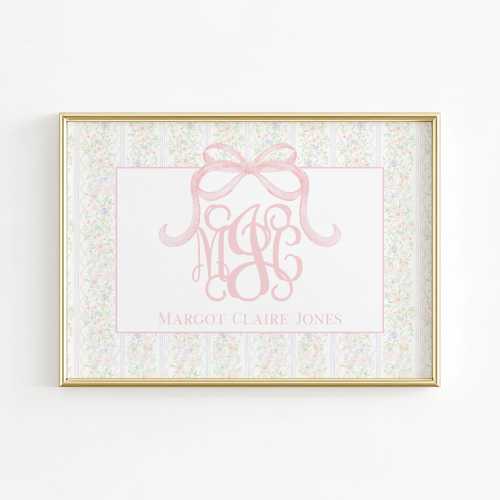 Monogram Nursery Wall Art, Grandmillennial Nursery, Pink and Green Girl Nursery Print, Bow Baby Name Above Crib Wall Decor, Floral Girl Room
