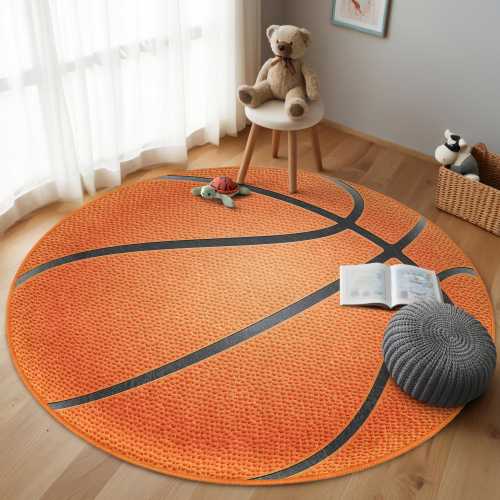 Basketball Theme Kids Room Round Rug - Orange Ball Circle Carpet - Sporty Playroom Mat - Anti-slip Activity Carpet - Toddler Nursery Decor