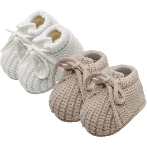 2 Pairs Baby Booties, Newborn First Walkers, Soft Cozy Shoes, Knit Cotton Infant Sock Shoes, Warm Booties for 0-6 Moths Baby Girl Boy