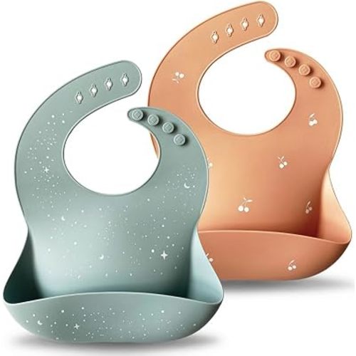 Moonkie Silicone Baby Bibs Set of 2, Waterproof Feeding Bibs for Toddlers, Adjustable Soft Silicone Bibs with Deep Food Catcher Pocket, BPA-Free, Dishwasher Safe (Ether/Muted)
