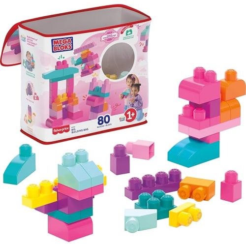 MEGA BLOKS First Builders Toddler Blocks Toys Set, Big Building Bag Collection with 80 Pieces and Storage, Pink, Ages 1+ Years