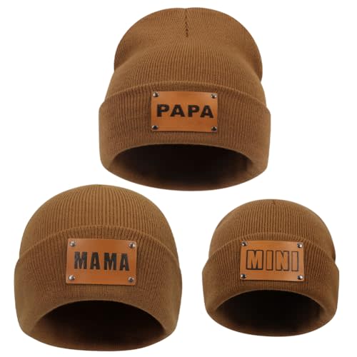 3 Pcs Parent-Child Beanie Hats Mama PAPA MINI Leather Patch Winter Knit Cap Warm Cuffed Cap Matching Family Beanie Hat