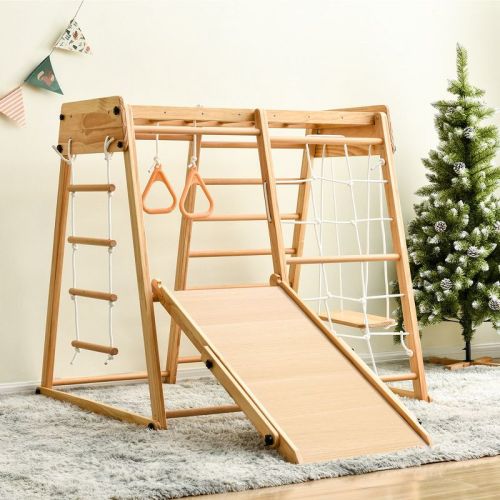 8-in-1 Wooden Indoor Kids Playground, Playset With Wooden Rock Climbing Ladder With Rope Wall, Swing Rings, Monkey Bars, Slide And Play Table