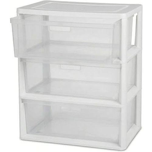 Wide 3-Drawer Storage Organizer Tower with Removable Clear Plastic Bins - 15.6" x 21" x 25.2", Tool-Free Assembly Drawer Unit with Carry Handles, White