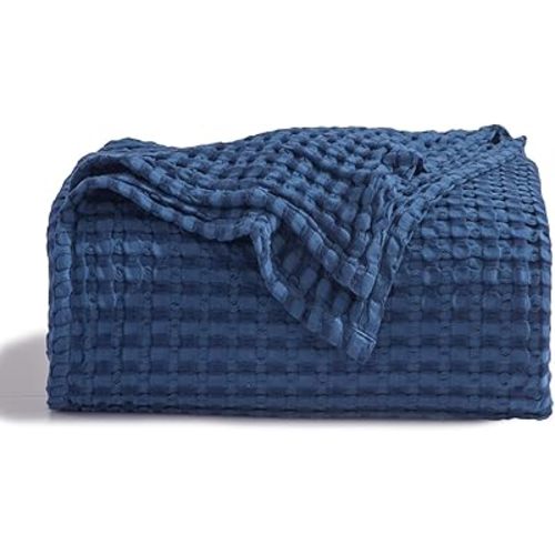 Bedsure Cooling Cotton Waffle King Size Blanket - Lightweight Breathable Summer Blanket of Rayon Derived from Bamboo for Hot Sleepers, Luxury Throws for Bed, Couch and Sofa, Navy, 104x90 Inches