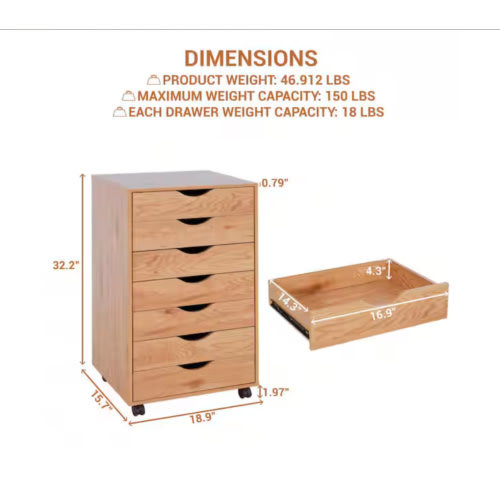 7-Drawer Natural 34.2 in. H x 15.7 in. W x 18.8 in. D Wood Vertical File Cabinet