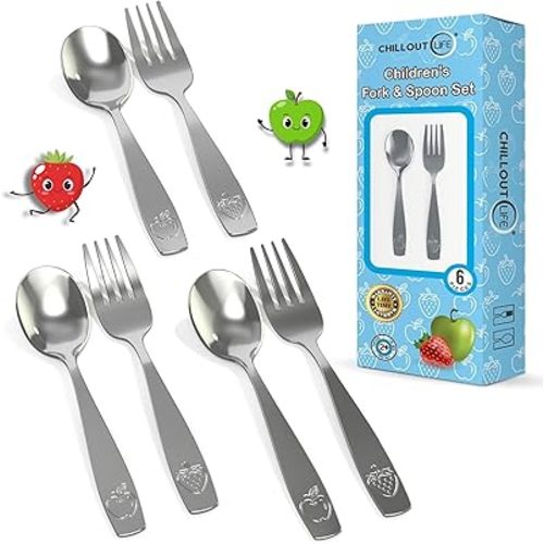 CHILLOUT LIFE Stainless Steel Kids Silverware Set 6 Pieces - Child and Toddler Safe Flatware - Kids Utensil Set - Metal Kids Cutlery Set (Includes 3 Small Kids Spoons & Kids 3 Forks)