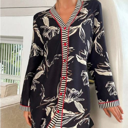 SHEIN Women's Long Sleeve Bubble Wrinkle Tree Branch Print Kimono Collar Open Front Nightgown, Pajama Dress, Lounge Wear, Floral Dress, Fall, Winter